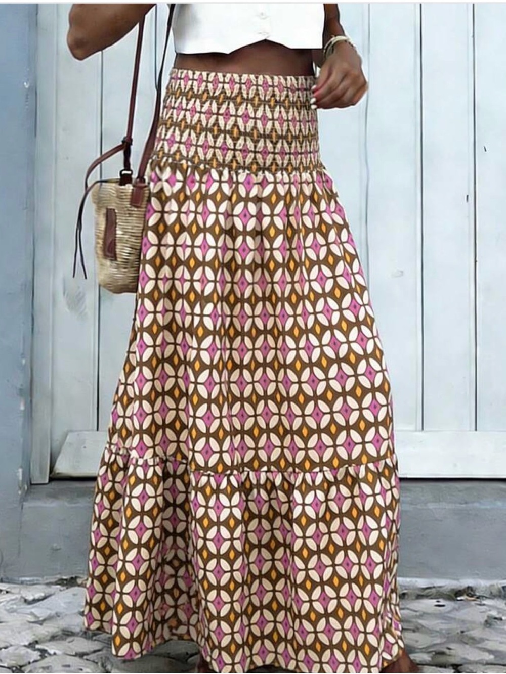 Boho Pink & Brown Printed Maxi Skirt